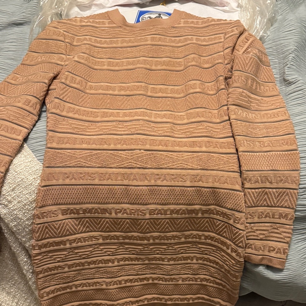 Balmain Beige Patterned Long Sleeve Dress